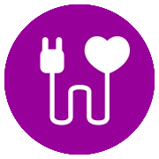 Lila Kreis und Icon mit Stromstecker und Herz